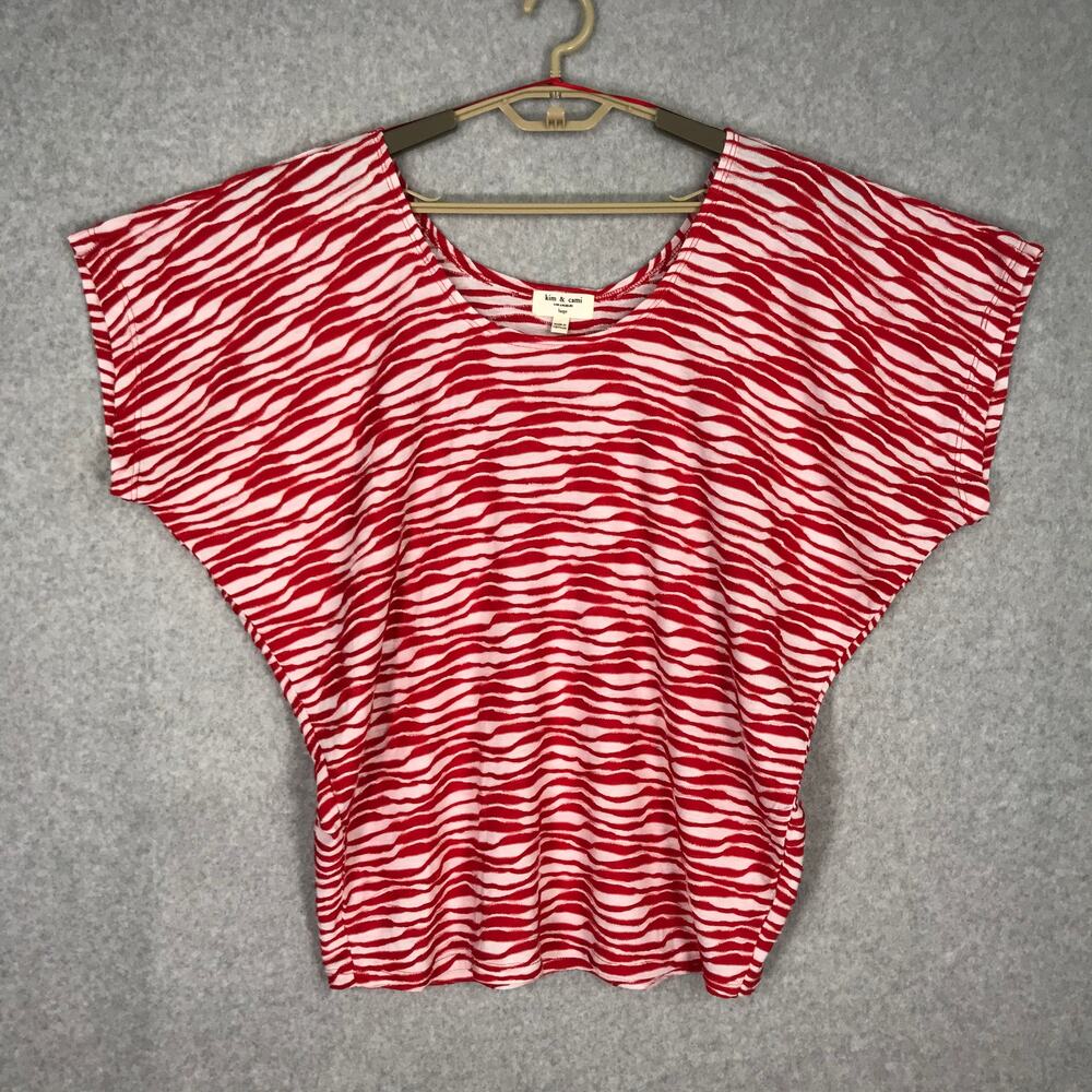Kim Cami Top Womens Large Red White Striped Shirt Textured Knit Oversized‎ Loose